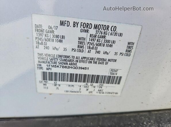 1FM5K7B82HGD39451 2017 FORD EXPLORER White Vista interior de 360 grados