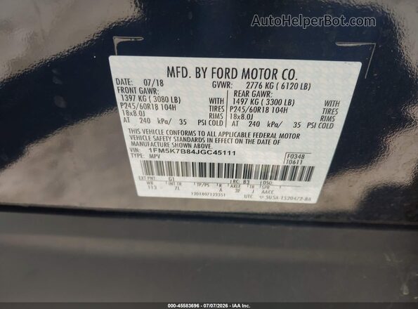 1FM5K7B84JGC45111 2018 FORD EXPLORER Black Vista del compartimento del motor