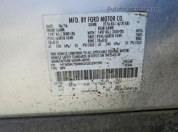 1FM5K7B86GGD29150 2016 FORD EXPLORER Silver Vista de la etiqueta del VIN