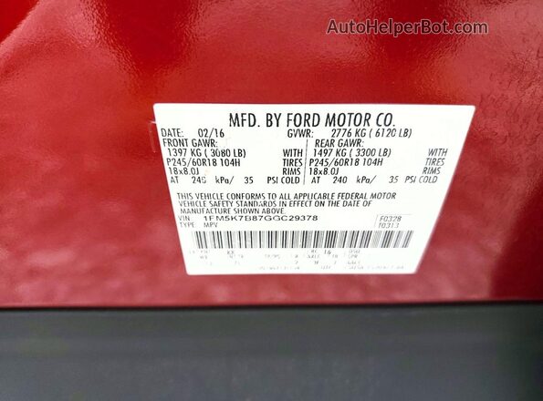 1FM5K7B87GGC29378 2016 FORD EXPLORER Красный Вид наклейки с VIN-кодом