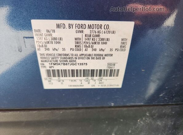 1FM5K7B87JGC13575 2018 FORD EXPLORER Blue VIN կոդի պիտակի տեսք
