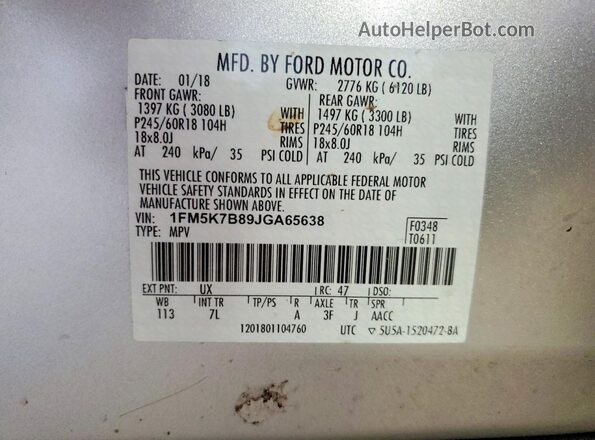 1FM5K7B89JGA65638 2018 FORD EXPLORER Silver VIN sticker view