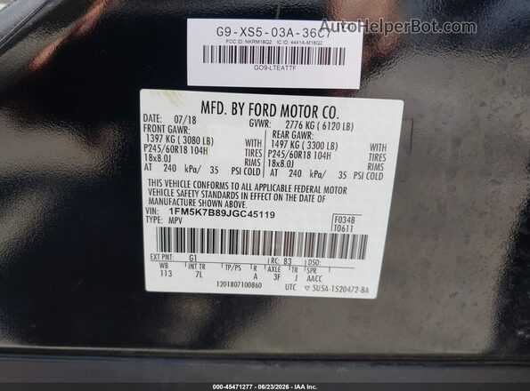 1FM5K7B89JGC45119 2018 FORD EXPLORER Черный Вид подкапотного пространства