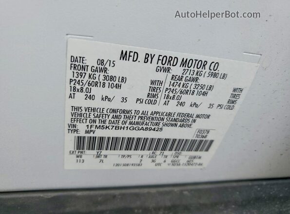 1FM5K7BH1GGA89425 2016 FORD EXPLORER White Vista de la etiqueta del VIN