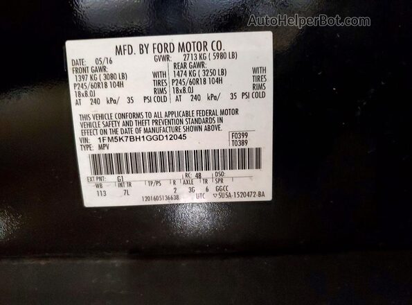 1FM5K7BH1GGD12045 2016 FORD EXPLORER Black VIN կոդի պիտակի տեսք