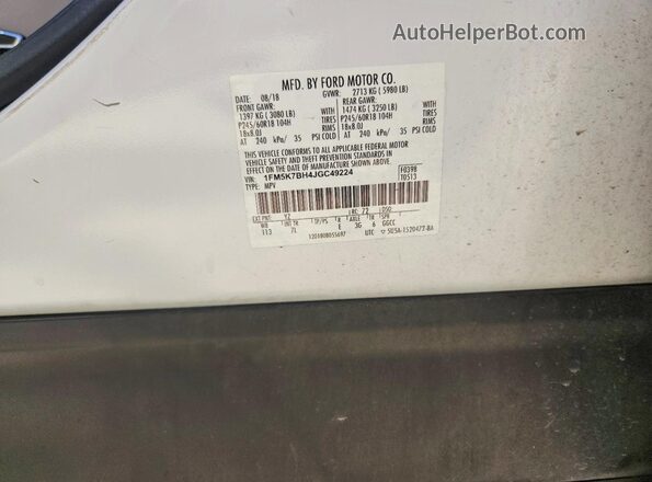 1FM5K7BH4JGC49224 2018 FORD EXPLORER White VIN sticker view