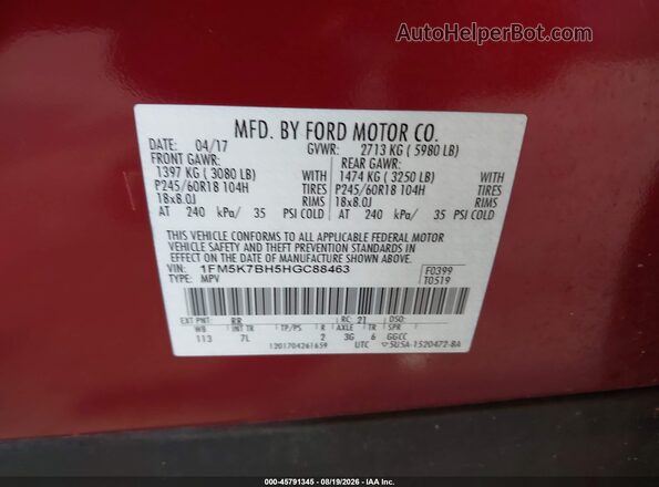 1FM5K7BH5HGC88463 2017 FORD EXPLORER Red Vista del compartimento del motor