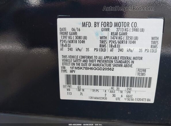 1FM5K7BH6GGD20562 2016 FORD EXPLORER Black Вид підкапотного простору
