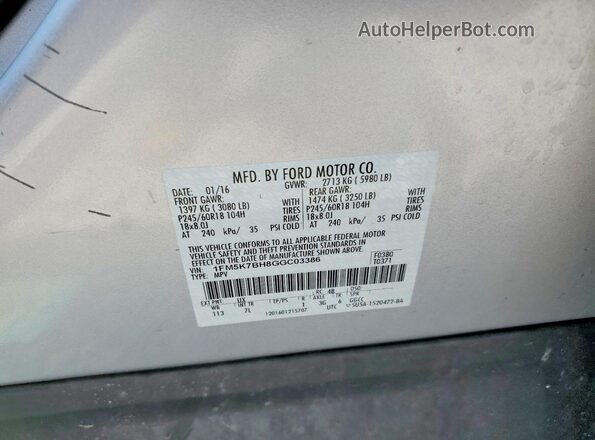 1FM5K7BH8GGC03386 2016 FORD EXPLORER Серебряный Вид наклейки с VIN-кодом