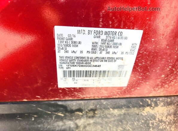 1FM5K7D80GGC34645 2016 FORD EXPLORER Red VIN կոդի պիտակի տեսք