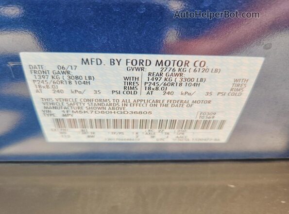 1FM5K7D80HGD36805 2017 FORD EXPLORER Blue Widok wnętrza 360 stopni