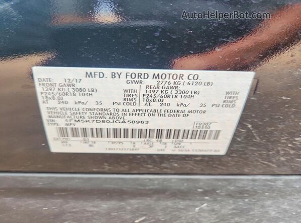 1FM5K7D80JGA58963 2018 FORD EXPLORER Black VIN კოდის სტიკერის ხედი