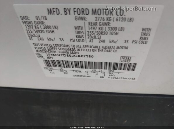 1FM5K7D80JGA87380 2018 FORD EXPLORER White Vista del compartimento del motor