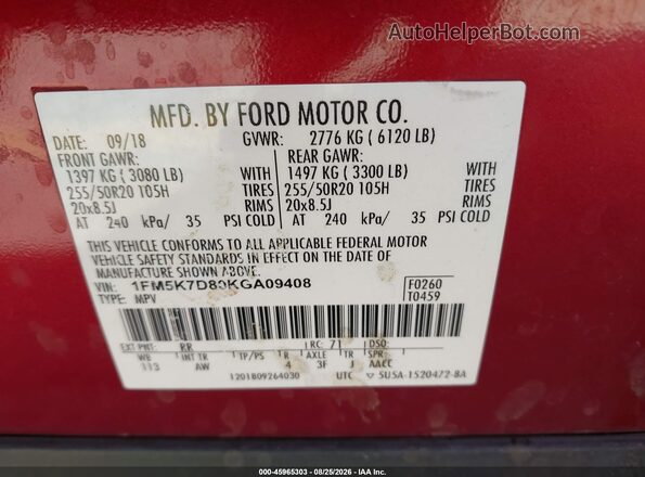 1FM5K7D80KGA09408 2019 FORD EXPLORER Maroon Engine compartment view