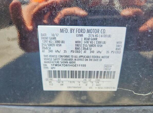1FM5K7D81HGE11155 2017 FORD EXPLORER Black VIN sticker view