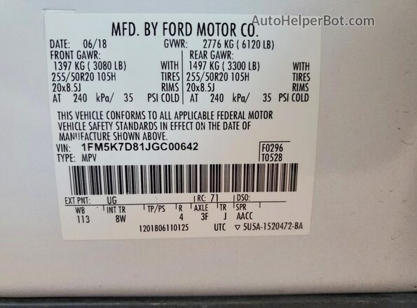 1FM5K7D81JGC00642 2018 FORD EXPLORER White VIN կոդի պիտակի տեսք