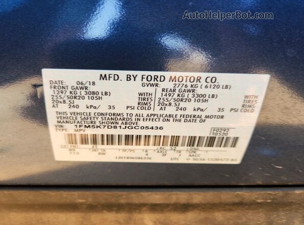 1FM5K7D81JGC05436 2018 FORD EXPLORER Blue VIN sticker view