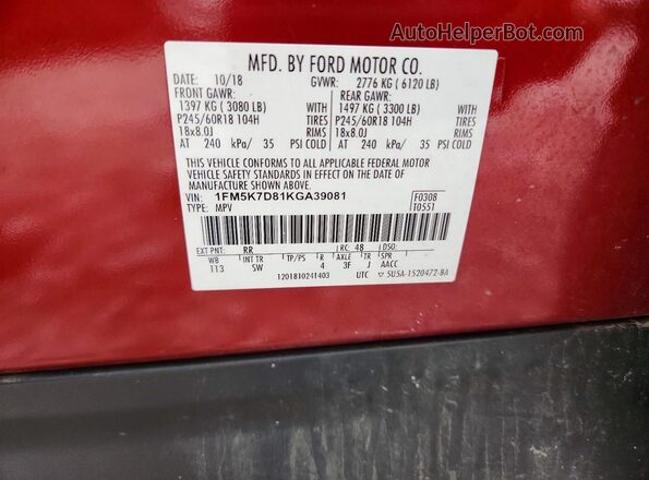 1FM5K7D81KGA39081 2019 FORD EXPLORER Red Widok naklejki z numerem VIN