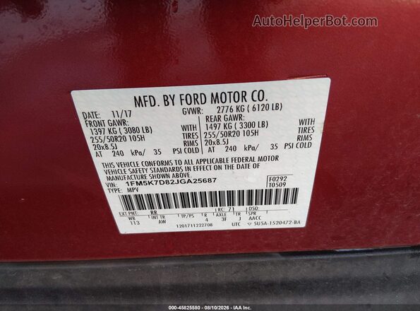 1FM5K7D82JGA25687 2018 FORD EXPLORER Red 