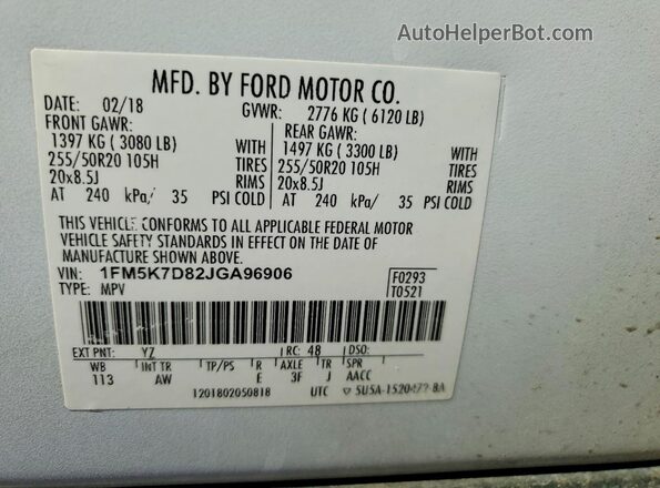 1FM5K7D82JGA96906 2018 FORD EXPLORER White Vista de la etiqueta del VIN