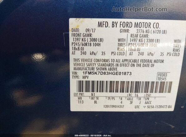 1FM5K7D83HGE01873 2017 FORD EXPLORER Navy Engine compartment view
