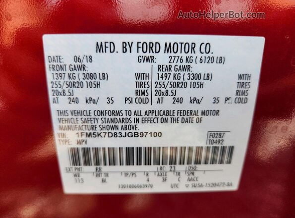 1FM5K7D83JGB97100 2018 FORD EXPLORER Red Widok wnętrza 360 stopni