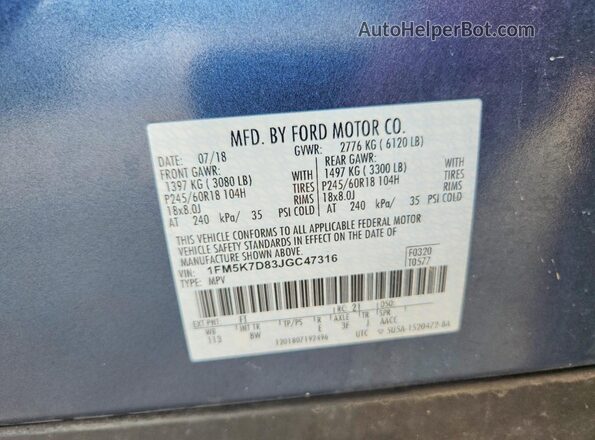 1FM5K7D83JGC47316 2018 FORD EXPLORER Blue Սալոնի 360 աստիճան տեսք