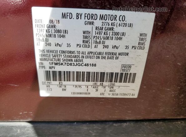 1FM5K7D83JGC48188 2018 FORD EXPLORER Maroon Vista de la etiqueta del VIN