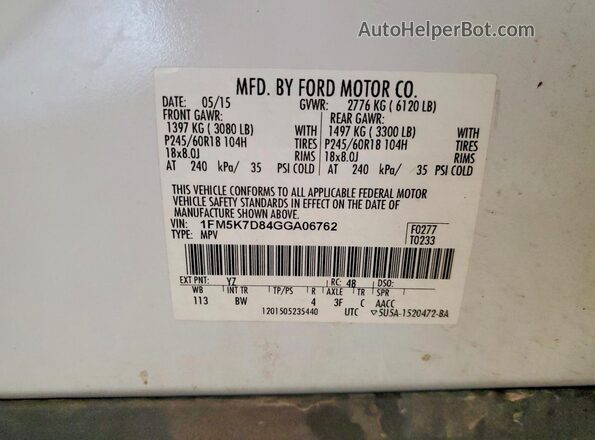 1FM5K7D84GGA06762 2016 FORD EXPLORER White VIN կոդի պիտակի տեսք