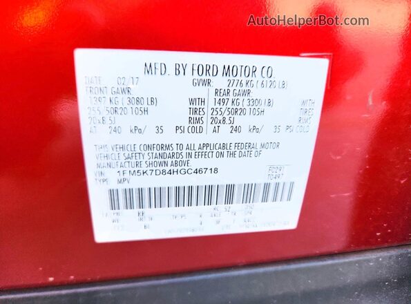 1FM5K7D84HGC46718 2017 FORD EXPLORER Red Vista de la etiqueta del VIN