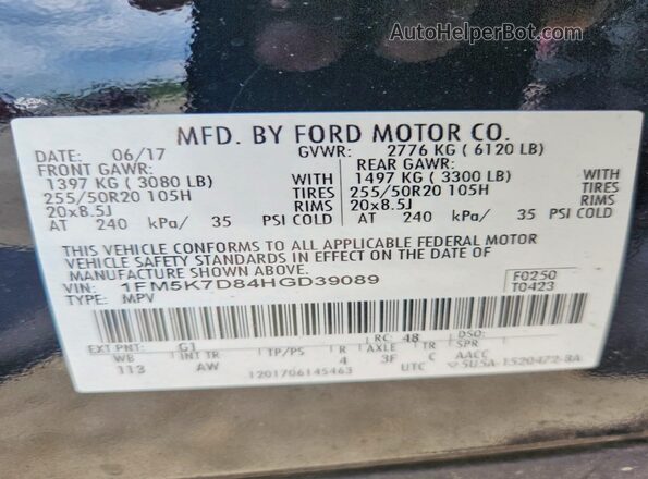 1FM5K7D84HGD39089 2017 FORD EXPLORER Black VIN կոդի պիտակի տեսք