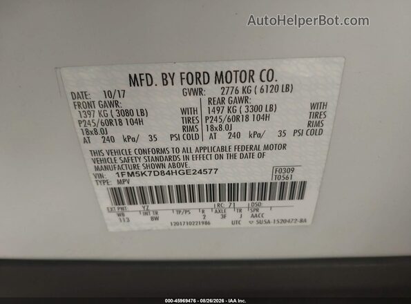 1FM5K7D84HGE24577 2017 FORD EXPLORER White Vista del compartimento del motor
