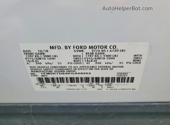 1FM5K7D84KGA08262 2019 FORD EXPLORER White VIN კოდის სტიკერის ხედი