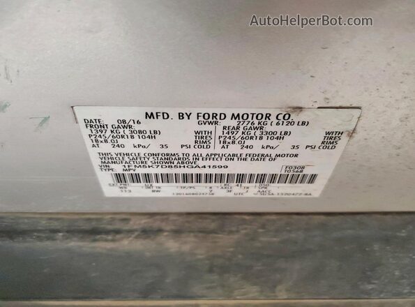 1FM5K7D85HGA41599 2017 FORD EXPLORER Silver VIN sticker view