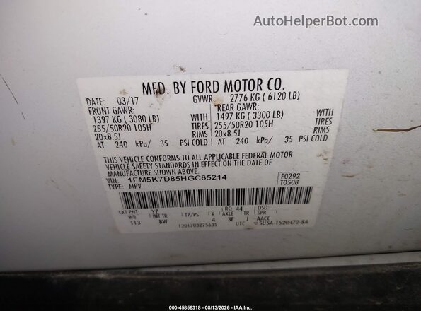 1FM5K7D85HGC65214 2017 FORD EXPLORER White Вид підкапотного простору
