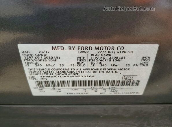 1FM5K7D85HGE33269 2017 FORD EXPLORER Gray Widok naklejki z numerem VIN