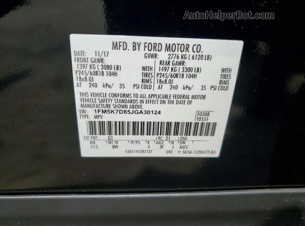 1FM5K7D85JGA30124 2018 FORD EXPLORER Black Vista de la etiqueta del VIN