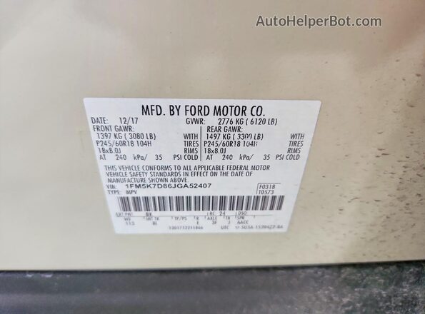 1FM5K7D86JGA52407 2018 FORD EXPLORER Бежевый Вид наклейки с VIN-кодом