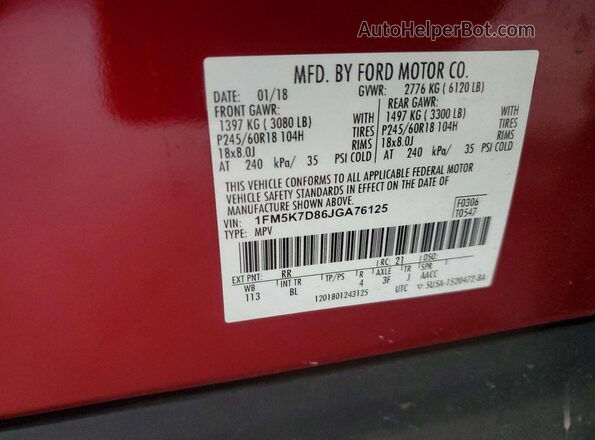 1FM5K7D86JGA76125 2018 FORD EXPLORER Maroon Widok naklejki z numerem VIN