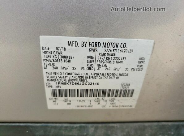 1FM5K7D86JGC32146 2018 FORD EXPLORER Silver Вид наклейки з VIN-кодом