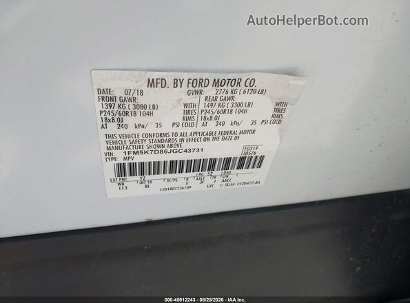 1FM5K7D86JGC43731 2018 FORD EXPLORER White Widok komory silnika