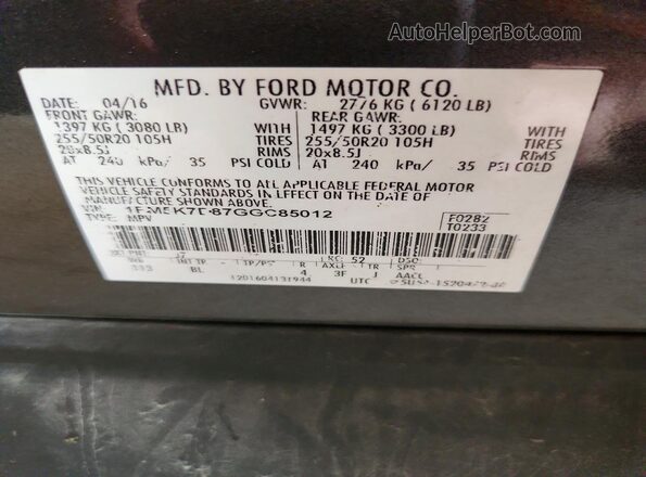 1FM5K7D87GGC85012 2016 FORD EXPLORER Gray VIN კოდის სტიკერის ხედი