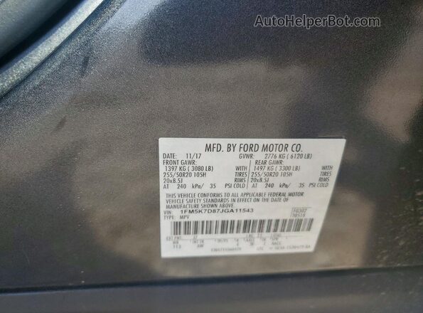 1FM5K7D87JGA11543 2018 FORD EXPLORER Charcoal Widok naklejki z numerem VIN