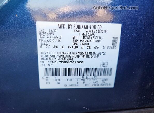 1FM5K7D88GGA93808 2016 FORD EXPLORER Blue Widok naklejki z numerem VIN