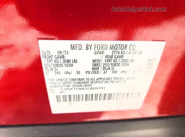 1FM5K7D88GGB09151 2016 FORD EXPLORER Red VIN կոդի պիտակի տեսք