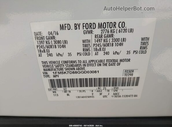 1FM5K7D88GGD03081 2016 FORD EXPLORER White Widok komory silnika