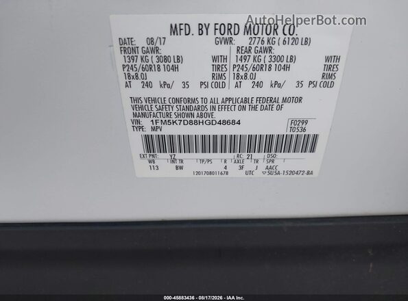 1FM5K7D88HGD48684 2017 FORD EXPLORER White ძრავის განყოფილების ხედი