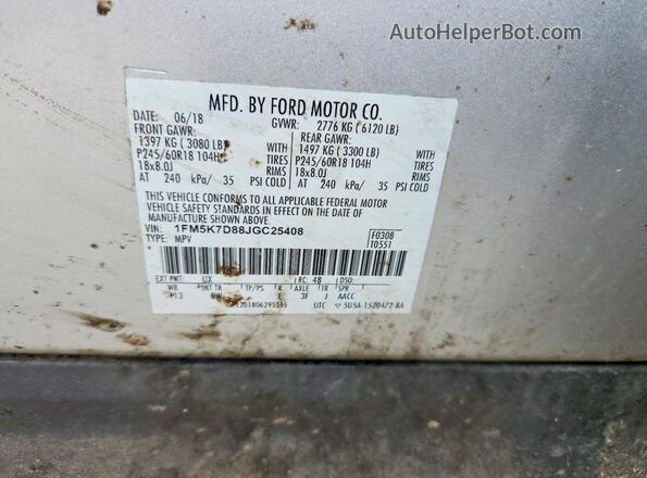 1FM5K7D88JGC25408 2018 FORD EXPLORER Silver Widok wnętrza 360 stopni