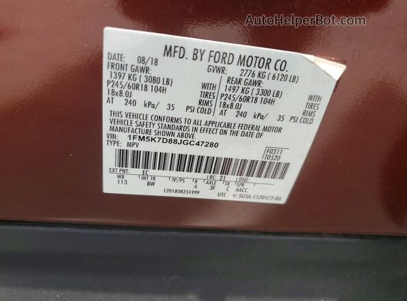 1FM5K7D88JGC47280 2018 FORD EXPLORER Коричневый Вид наклейки с VIN-кодом
