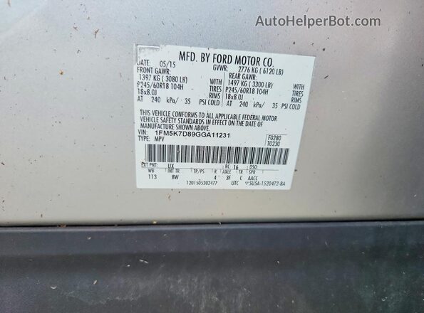 1FM5K7D89GGA11231 2016 FORD EXPLORER Silver VIN sticker view